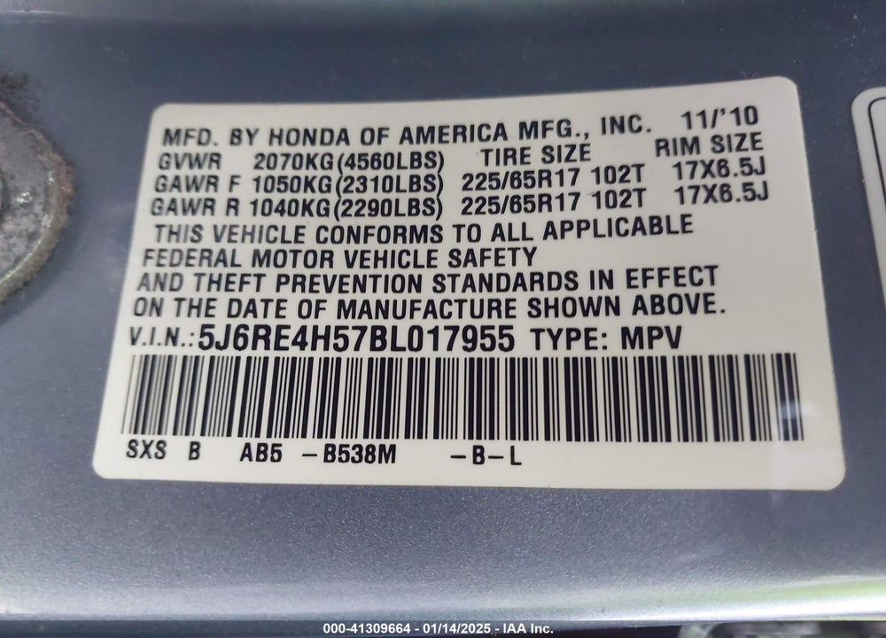 2011 HONDA CR-V EX VIN: 5J6RE4H57BL017955