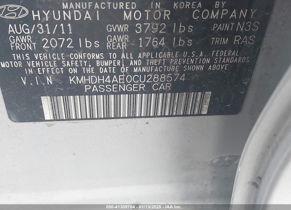 2012 HYUNDAI ELANTRA VIN: KMHDH4AE0CU288574