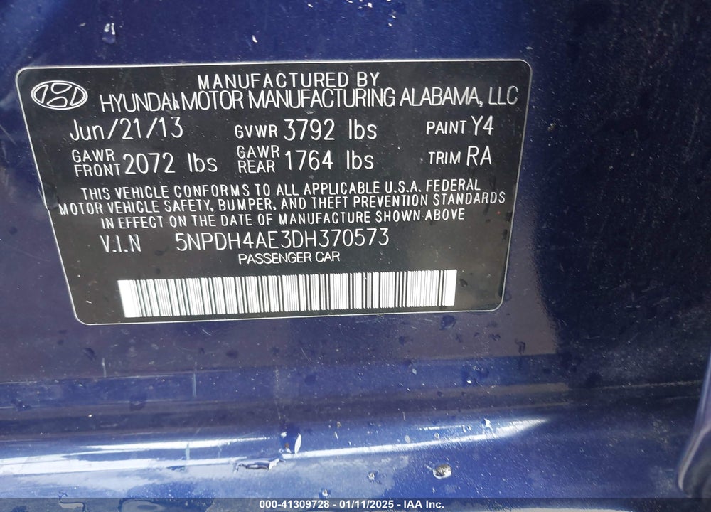 2013 HYUNDAI ELANTRA VIN: 5NPDH4AE3DH370573