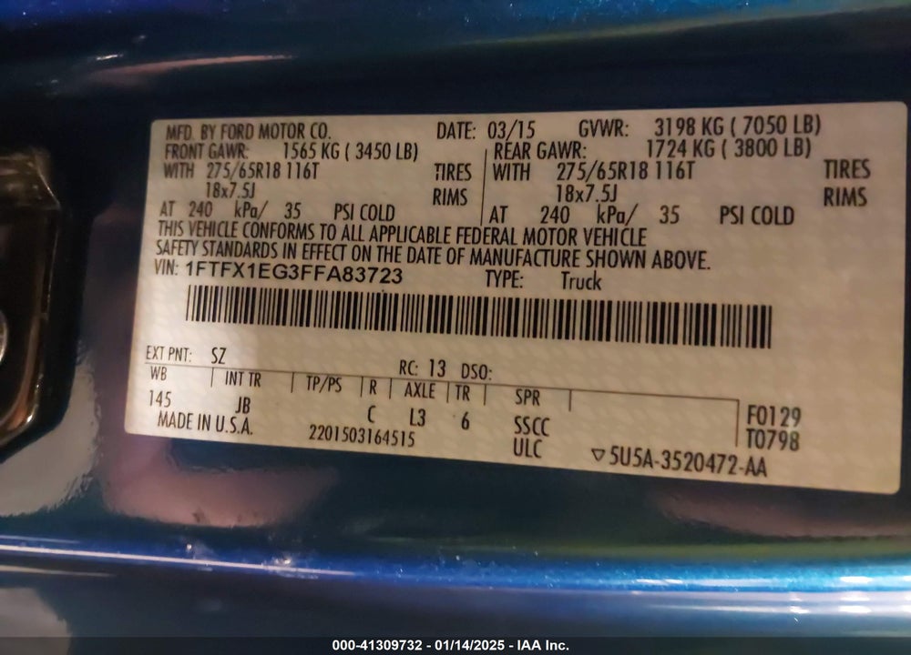 2015 FORD F150 VIN: 1FTFX1EG3FFA83723