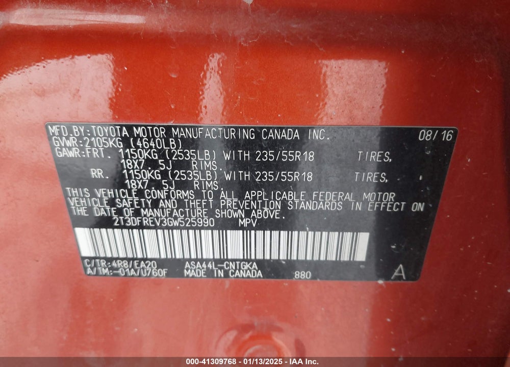 2016 TOYOTA RAV4 VIN: 2T3DFREV3GW525990