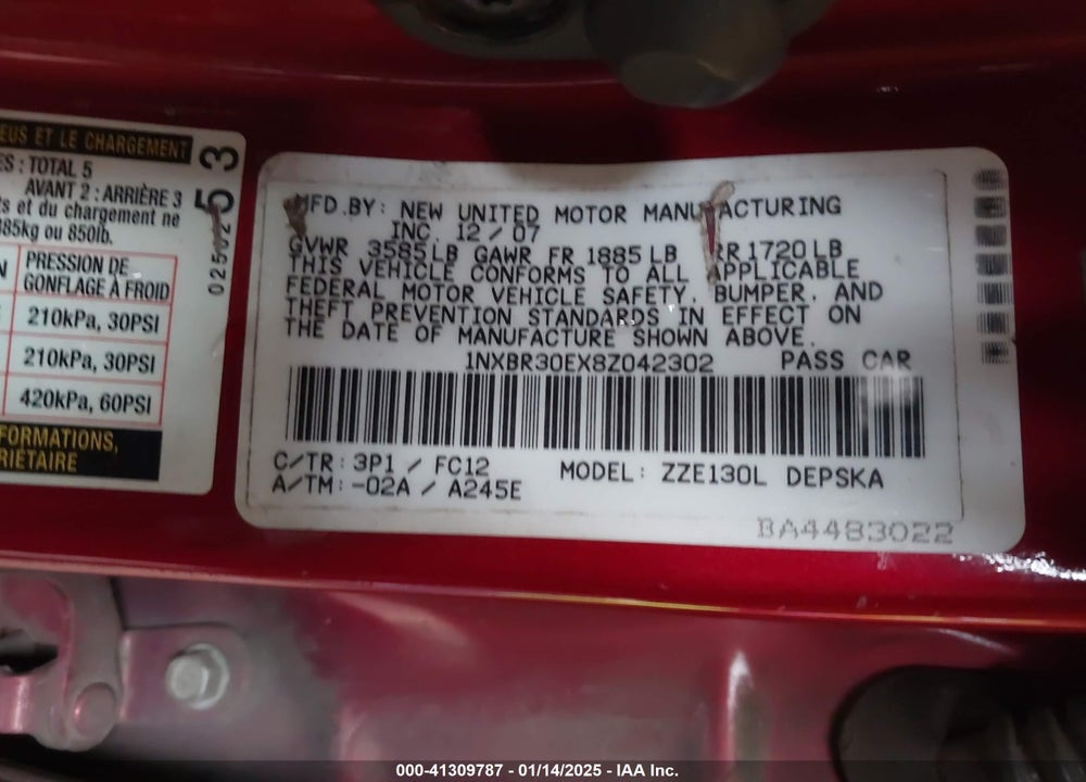 2008 TOYOTA COROLLA VIN: 1NXBR30EX8Z042302