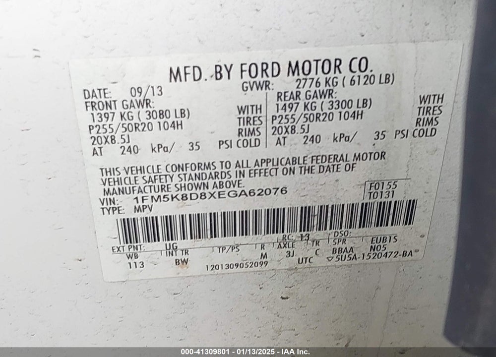 2014 FORD EXPLORER XLT VIN: 1FM5K8D8XEGA62076
