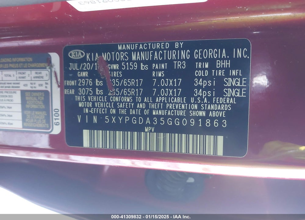 2016 KIA SORENTO VIN: 5XYPGDA35GG091863