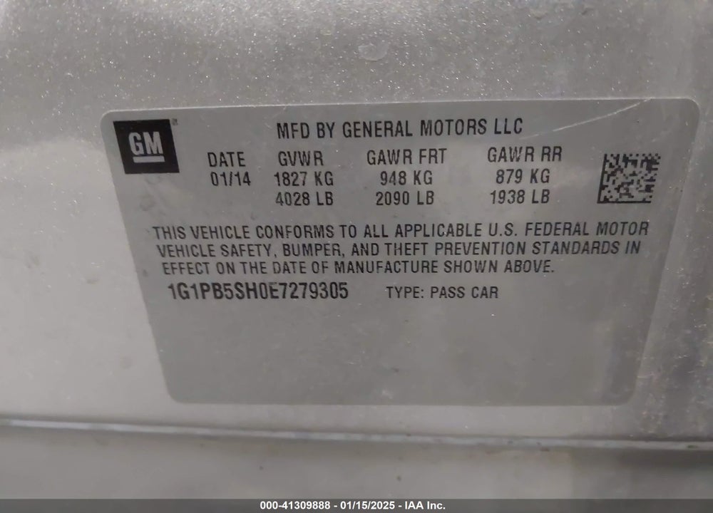 2014 CHEVROLET CRUZE VIN: 1G1PB5SH0E7279305