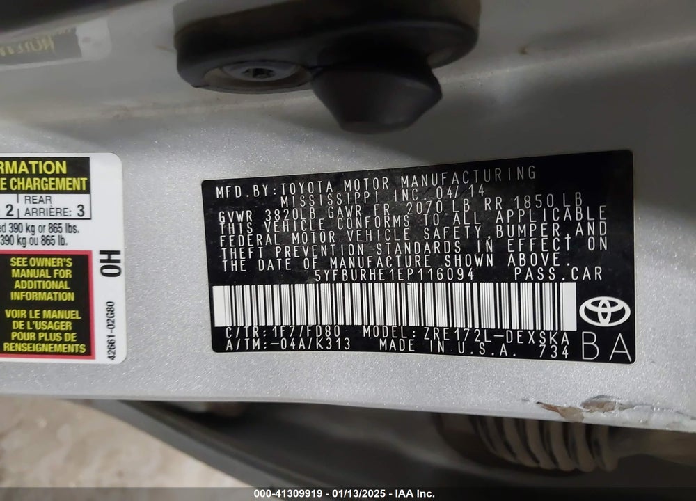 2014 TOYOTA COROLLA VIN: 5YFBURHE1EP116094