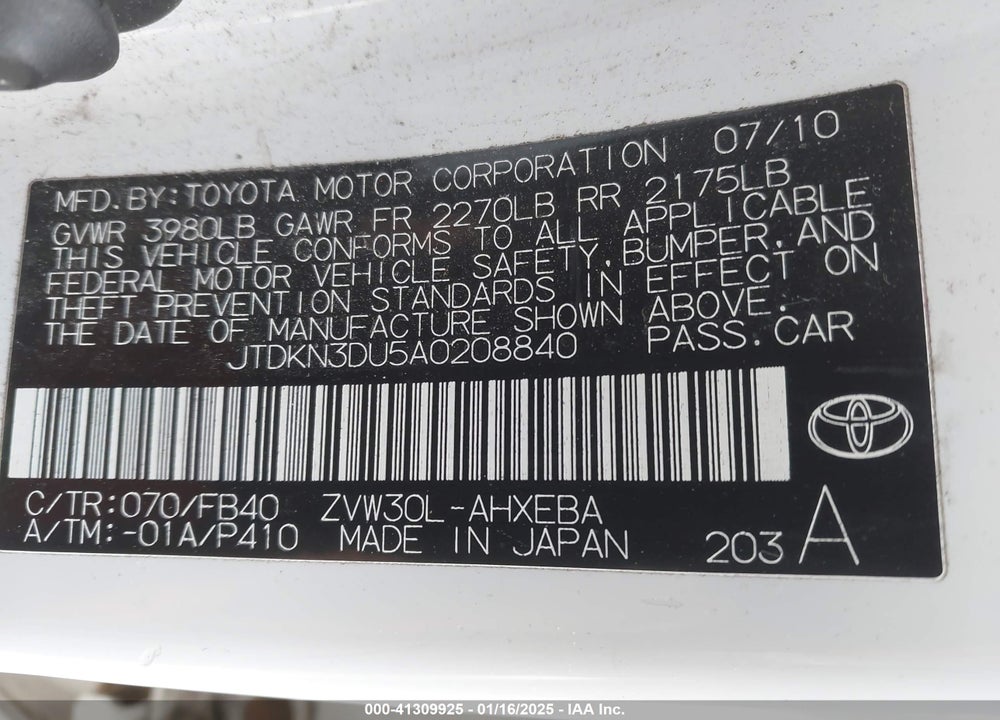 2010 TOYOTA PRIUS VIN: JTDKN3DU5A0208840
