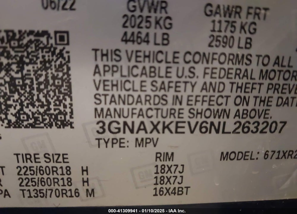2022 CHEVROLET EQUINOX FWD LT VIN: 3GNAXKEV6NL263207