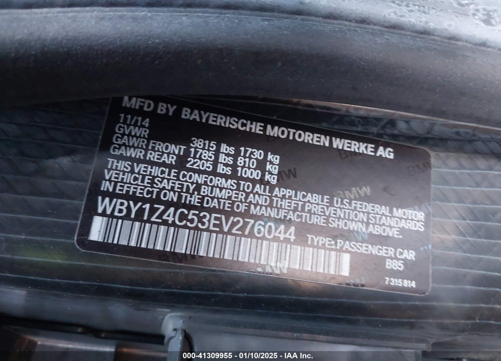 2014 BMW I3 VIN: WBY1Z4C53EV276044