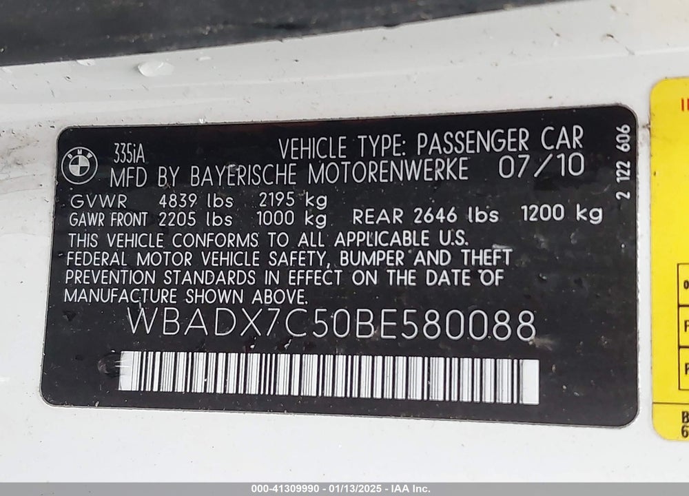 2011 BMW 3 SERIES VIN: WBADX7C50BE580088