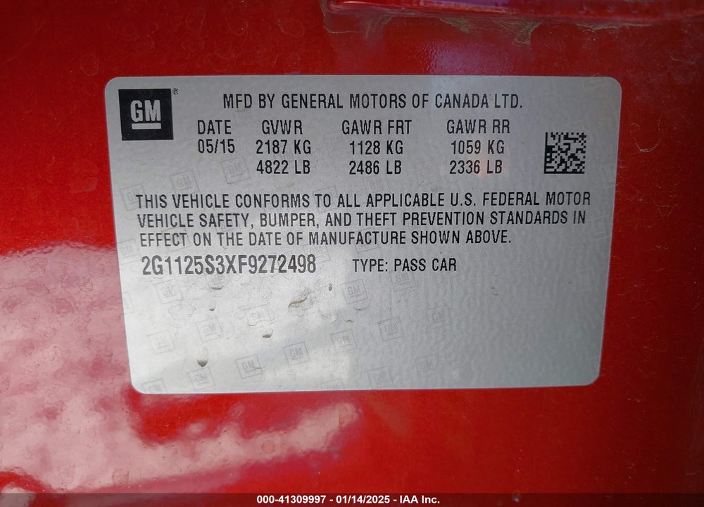 2015 CHEVROLET IMPALA 2LT VIN: 2G1125S3XF9272498