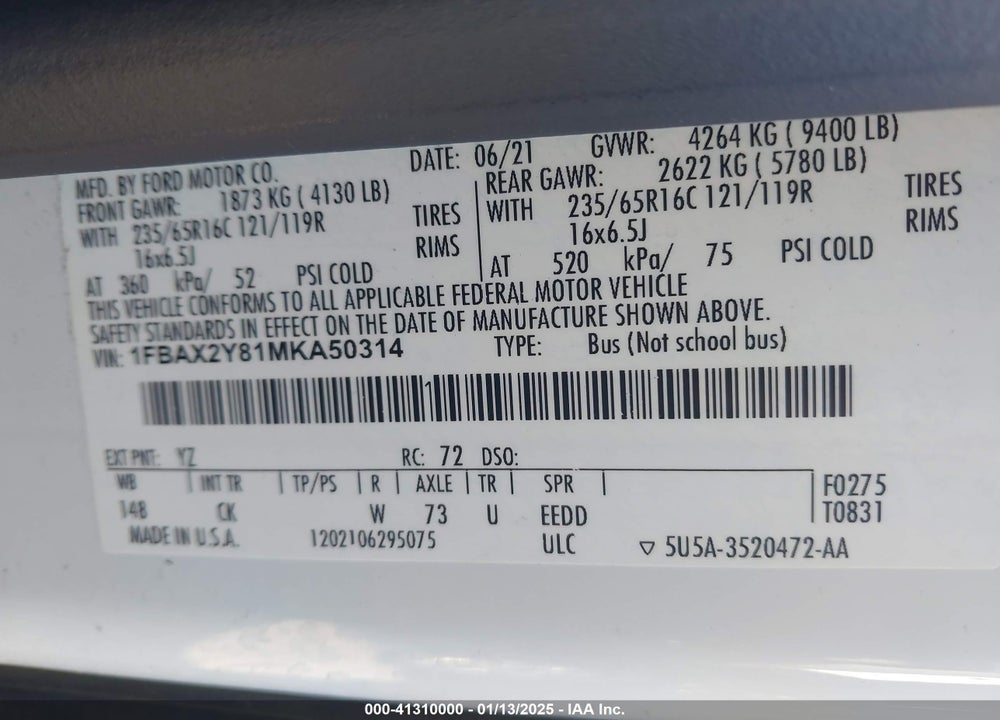 2021 FORD TRANSIT PASSENGER WAGON VIN: 1FBAX2Y81MKA50314