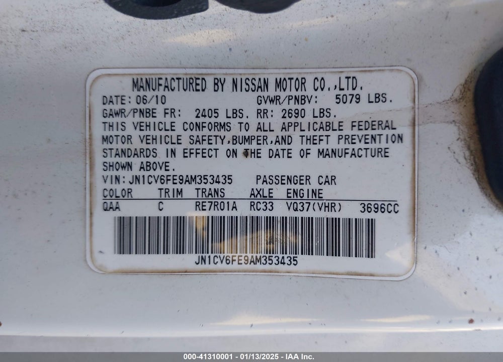 2010 INFINITI G37 VIN: JN1CV6FE9AM353435