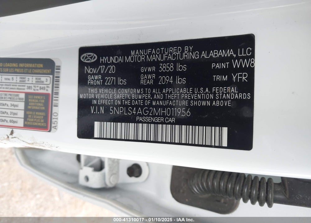 2021 HYUNDAI ELANTRA SEL VIN: 5NPLS4AG2MH011956