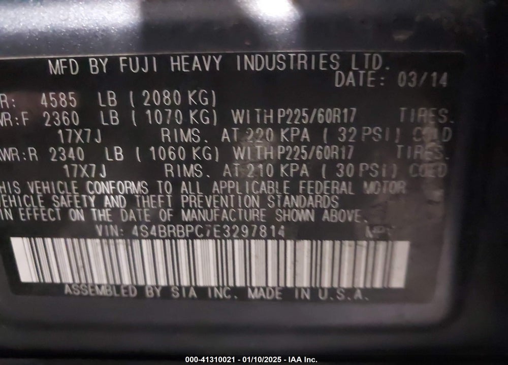 2014 SUBARU OUTBACK VIN: 4S4BRBPC7E3297814