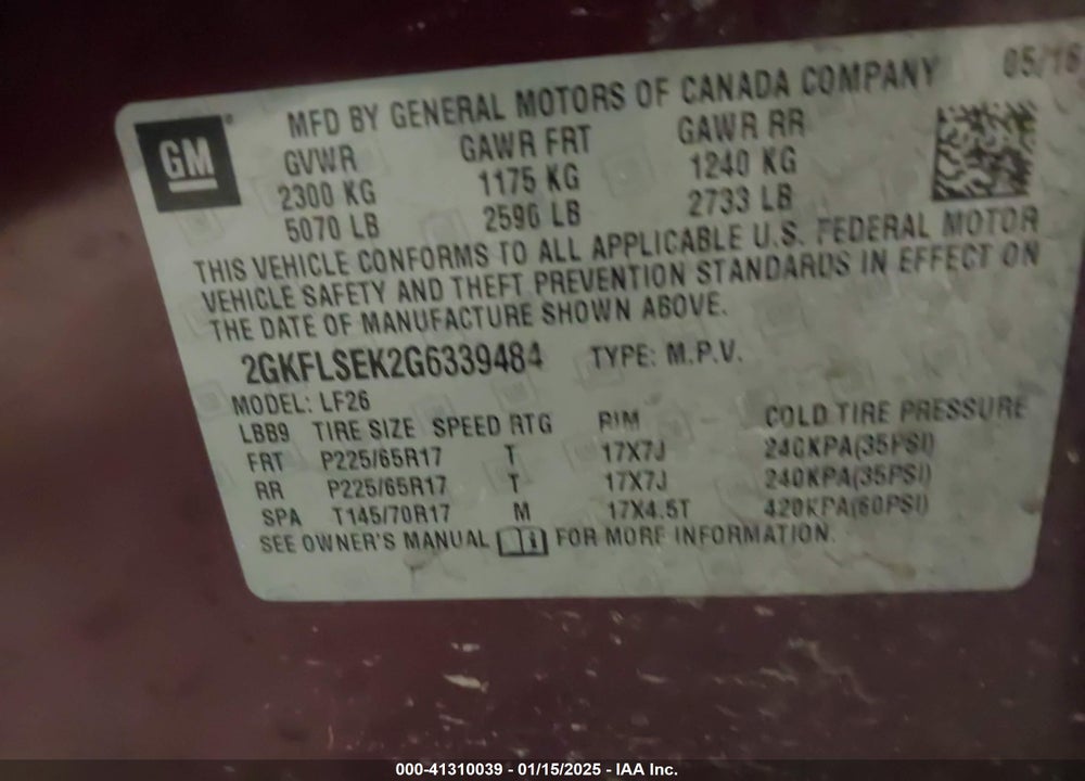 2016 GMC TERRAIN VIN: 2GKFLSEK2G6339484