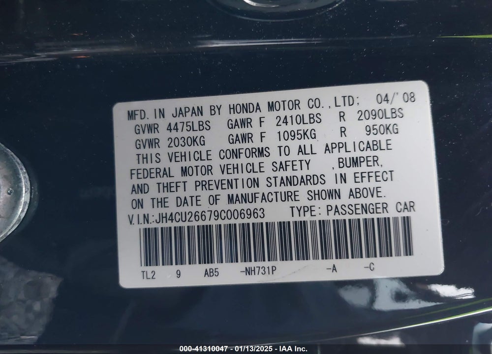 2009 ACURA TSX VIN: JH4CU26679C006963