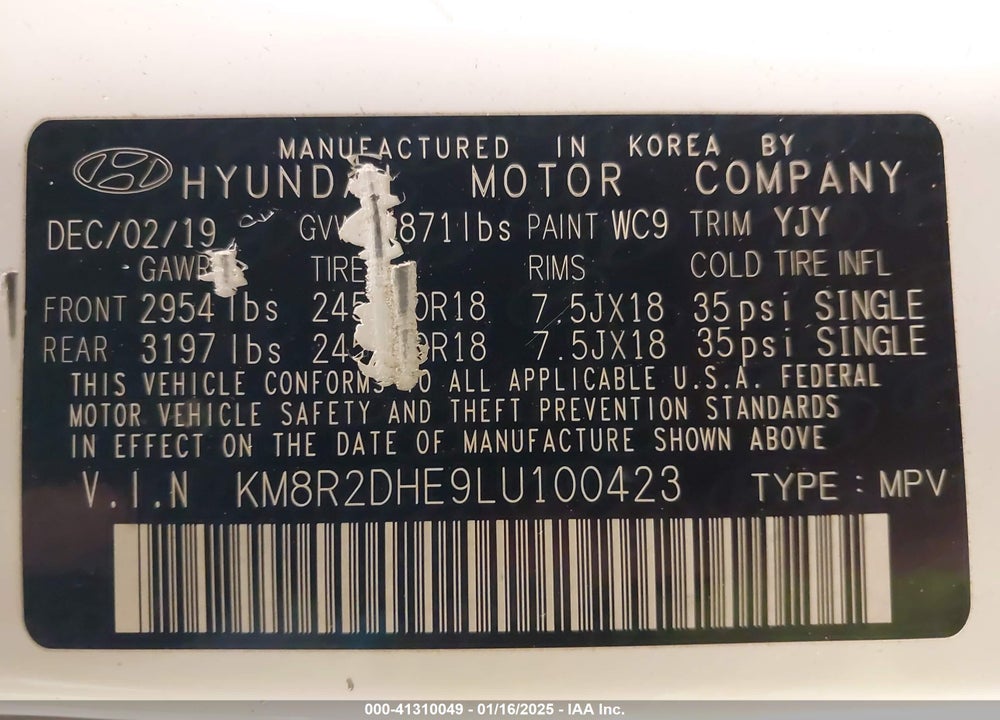 2020 HYUNDAI PALISADE SEL VIN: KM8R2DHE9LU100423