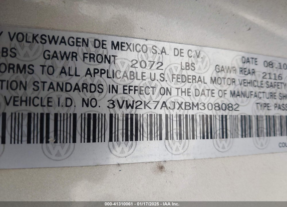2011 VOLKSWAGEN JETTA SEDAN VIN: 3VW2K7AJXBM308082