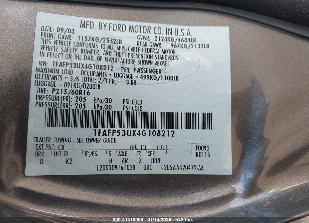 2004 FORD TAURUS VIN: 1FAFP53UX4G108212