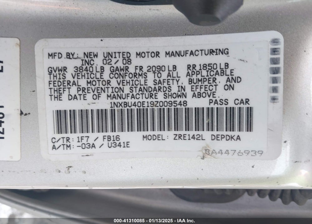 2009 TOYOTA COROLLA VIN: 1NXBU40E19Z009548