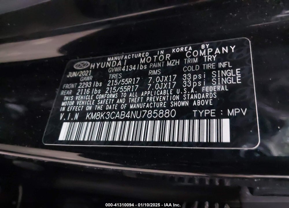 2022 HYUNDAI KONA VIN: KM8K3CAB4NU785880
