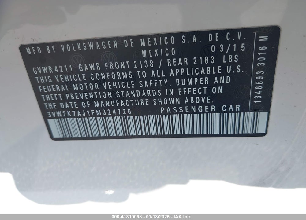 2015 VOLKSWAGEN JETTA 2.0L S VIN: 3VW2K7AJ1FM324726