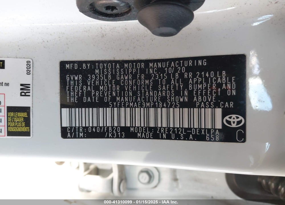 2021 TOYOTA COROLLA VIN: 5YFEPMAE9MP184725