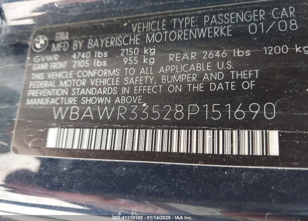 2008 BMW 3 SERIES VIN: WBAWR33528P151690