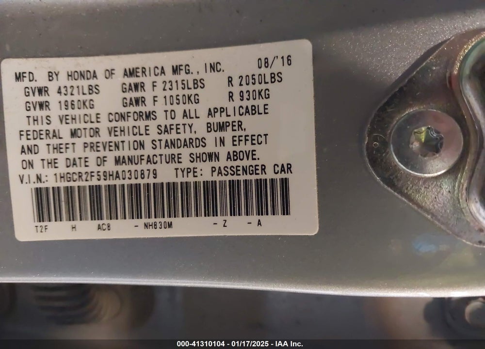 2017 HONDA ACCORD VIN: 1HGCR2F59HA030879