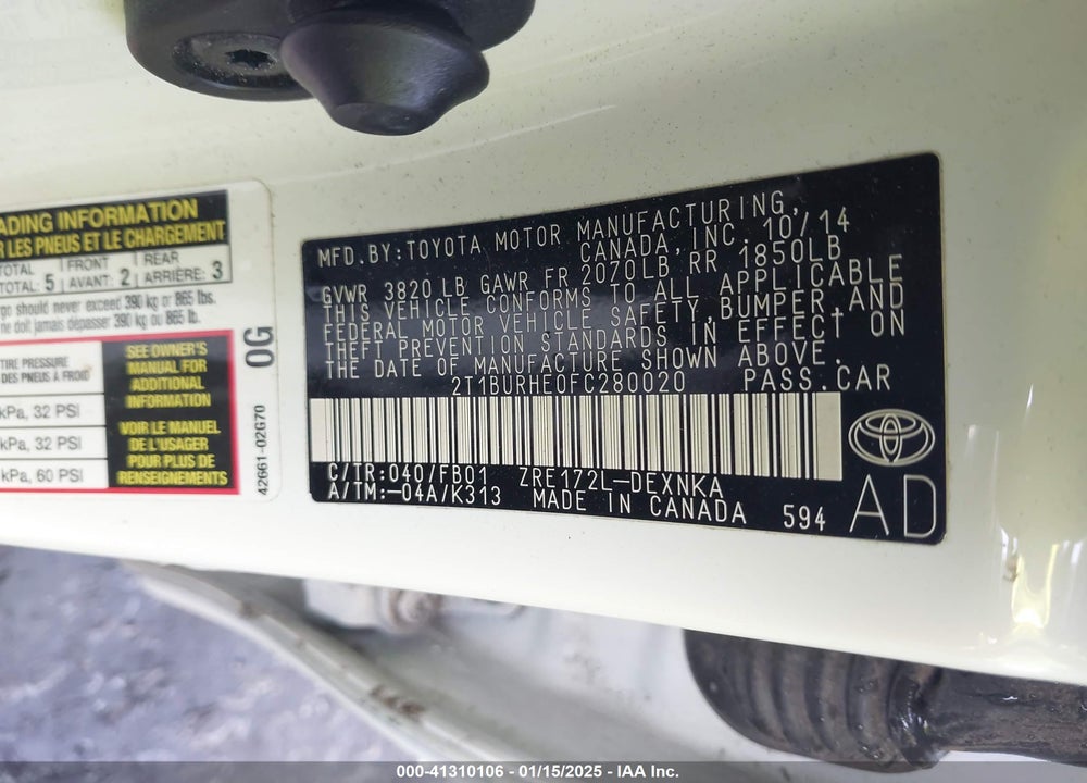 2015 TOYOTA COROLLA VIN: 2T1BURHE0FC280020
