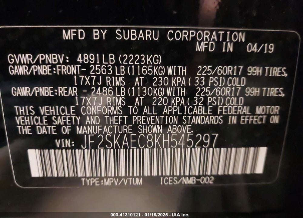 2019 SUBARU FORESTER PREMIUM VIN: JF2SKAEC8KH545297