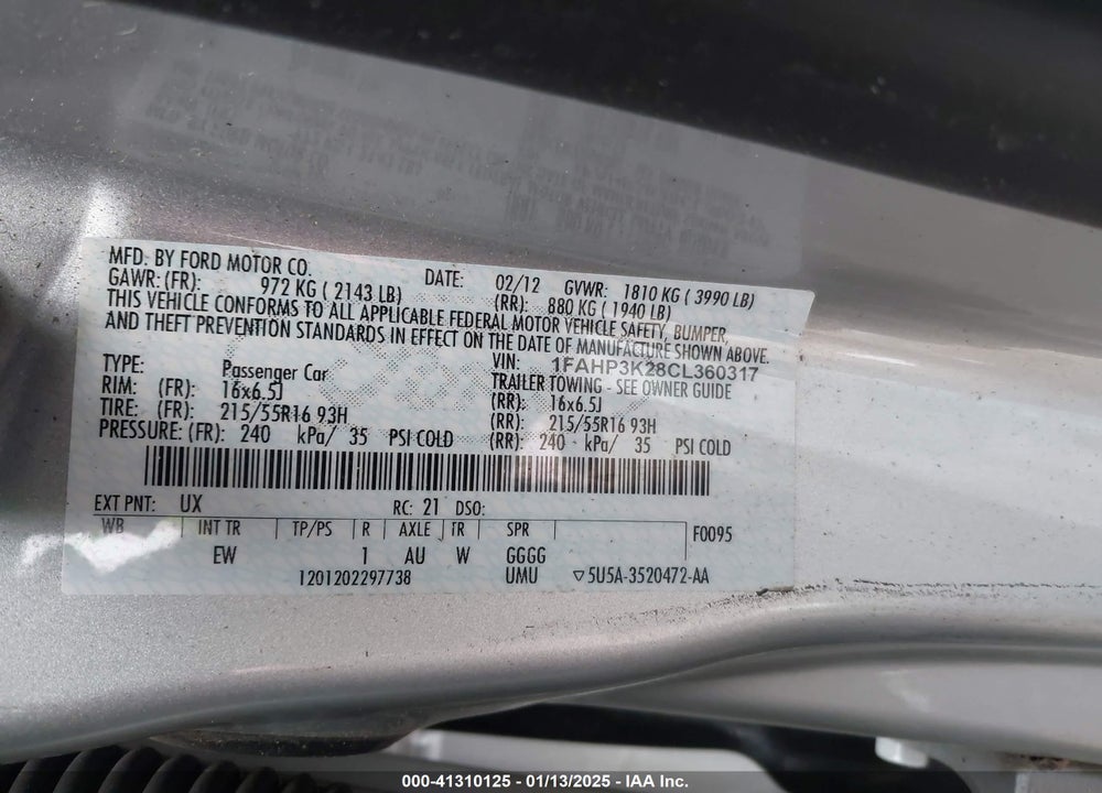 2012 FORD FOCUS VIN: 1FAHP3K28CL360317