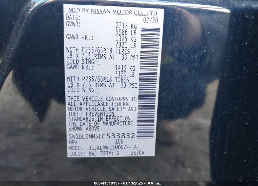 2020 INFINITI QX60 VIN: 5N1DL0MN5LC533832
