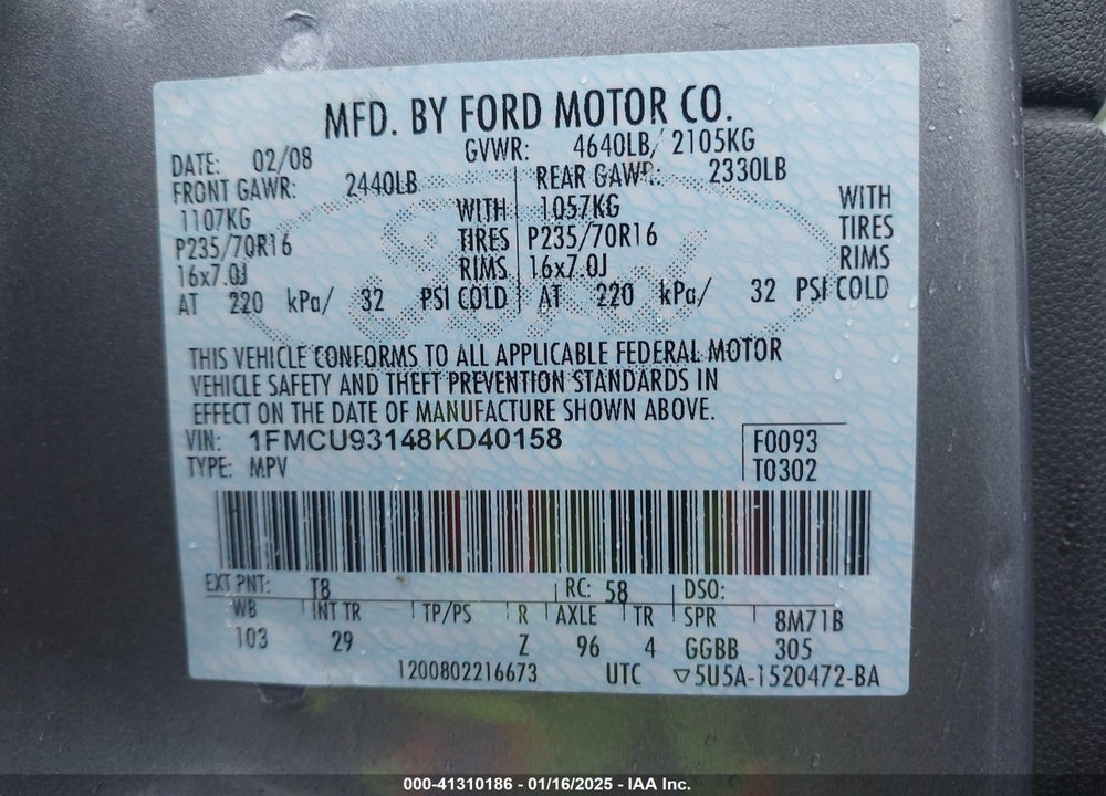 2008 FORD ESCAPE VIN: 1FMCU93148KD40158
