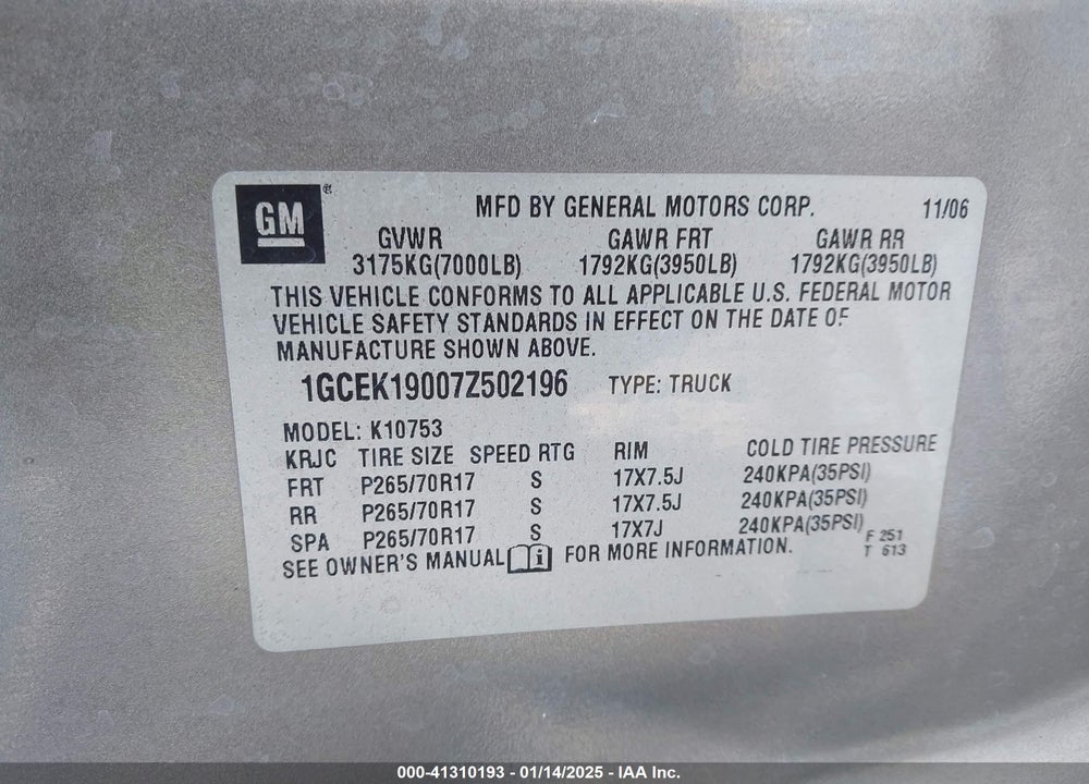 2007 CHEVROLET SILVERADO 1500 VIN: 1GCEK19007Z502196