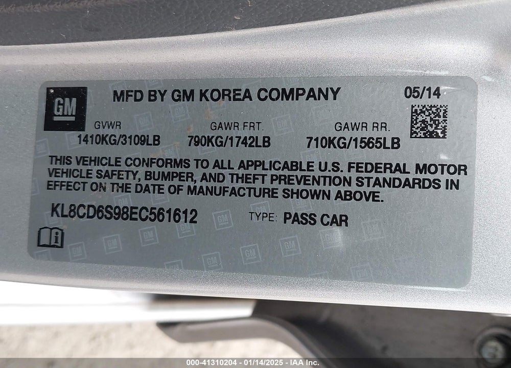 2014 CHEVROLET SPARK VIN: KL8CD6S98EC561612