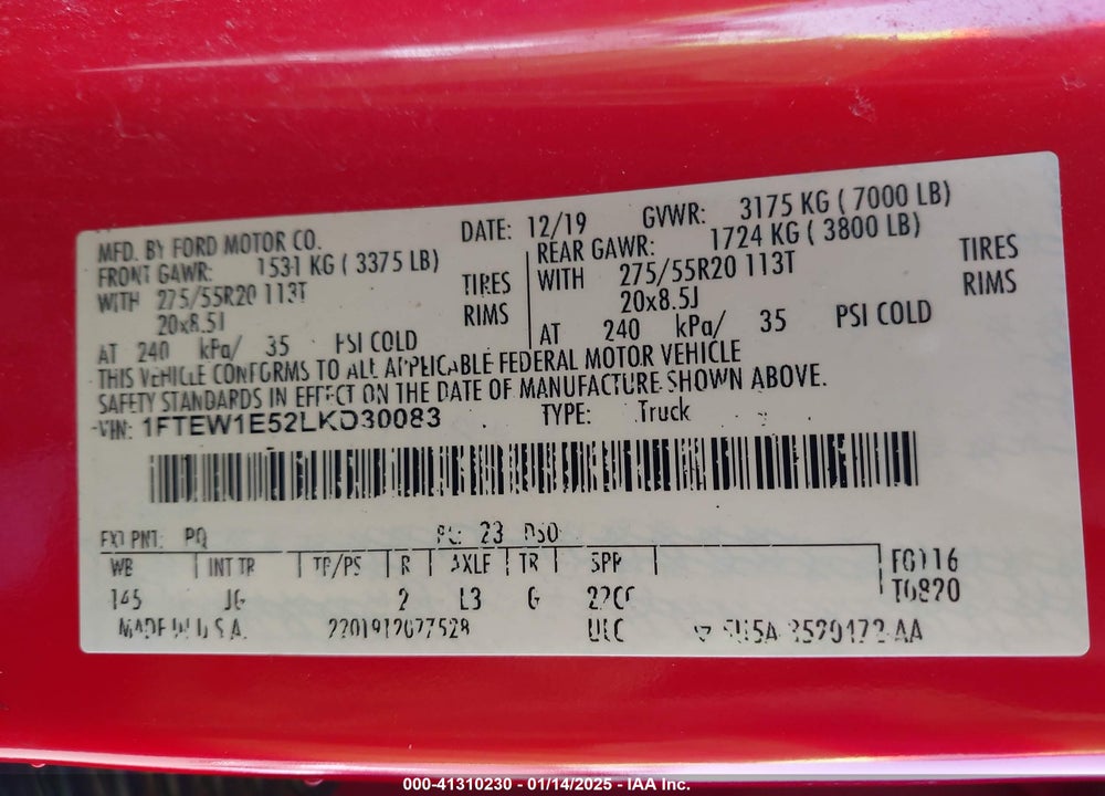2020 FORD F-150 XL VIN: 1FTEW1E52LKD30083