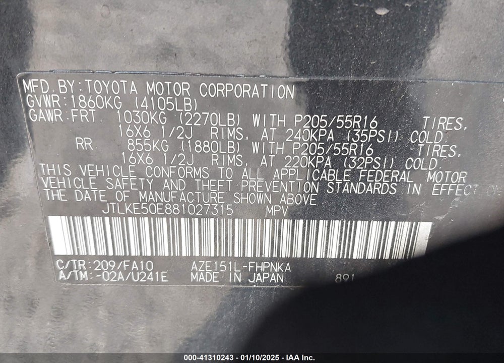 2008 SCION XB VIN: JTLKE50E881027315