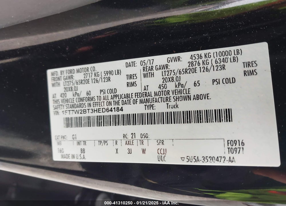 2017 FORD SUPER DUTY F-250 SRW VIN: 1FT7W2BT3HED64184