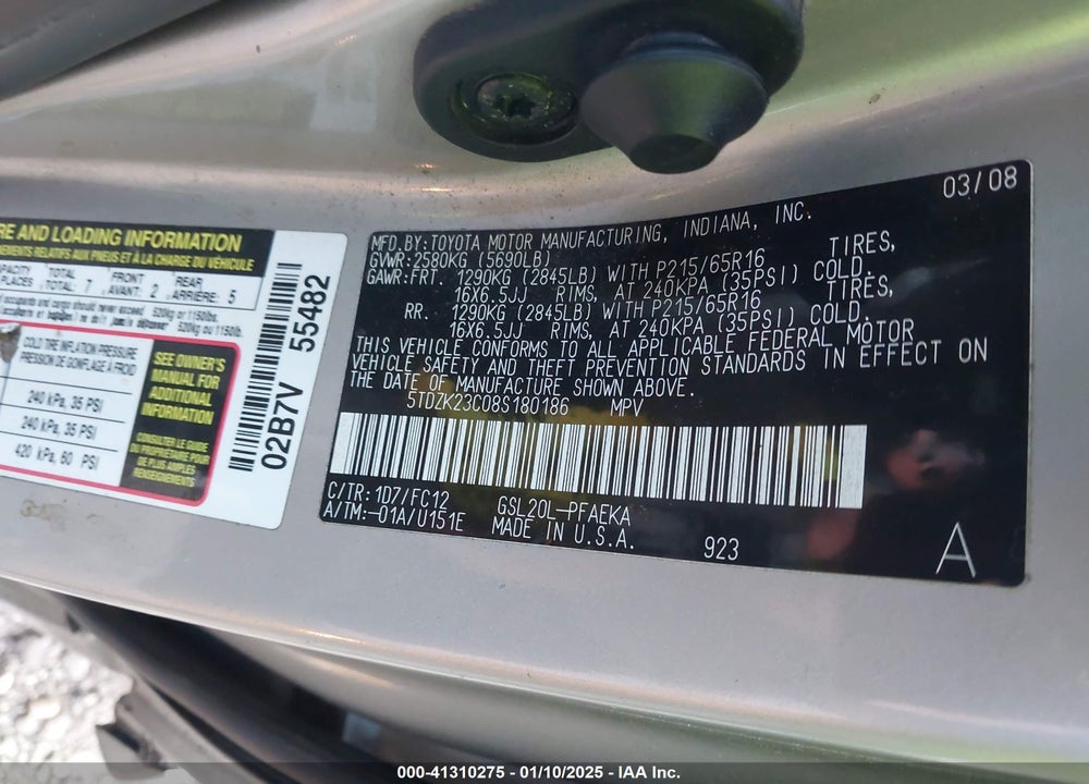 2008 TOYOTA SIENNA VIN: 5TDZK23C08S180186