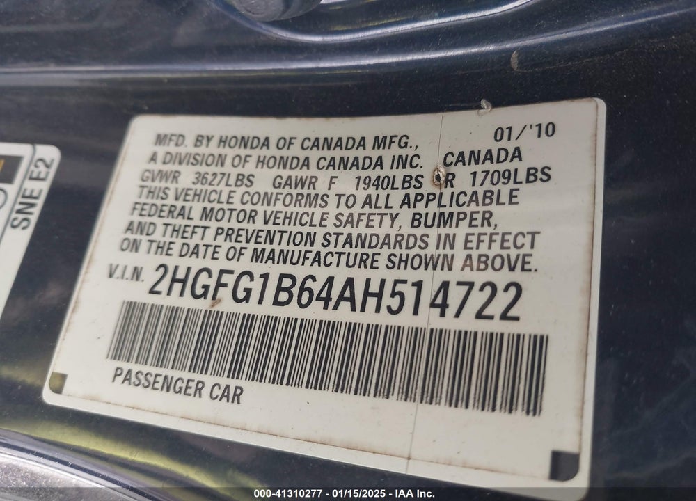 2010 HONDA CIVIC CPE VIN: 2HGFG1B64AH514722