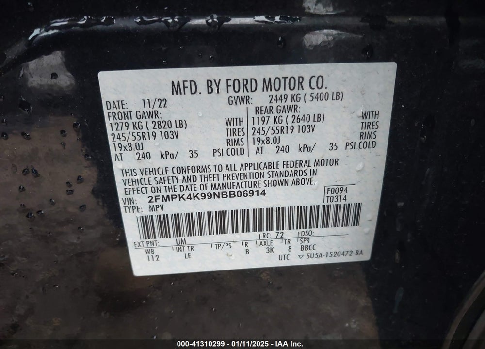 2022 FORD EDGE VIN: 2FMPK4K99NBB06914