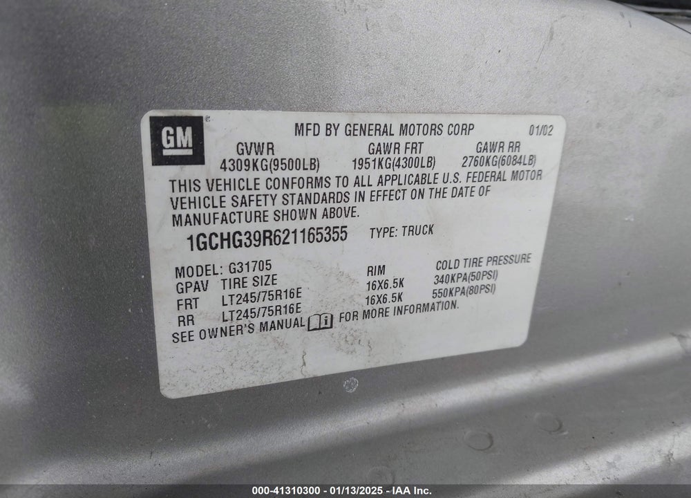 2002 CHEVROLET EXPRESS CARGO VAN VIN: 1GCHG39R621165355