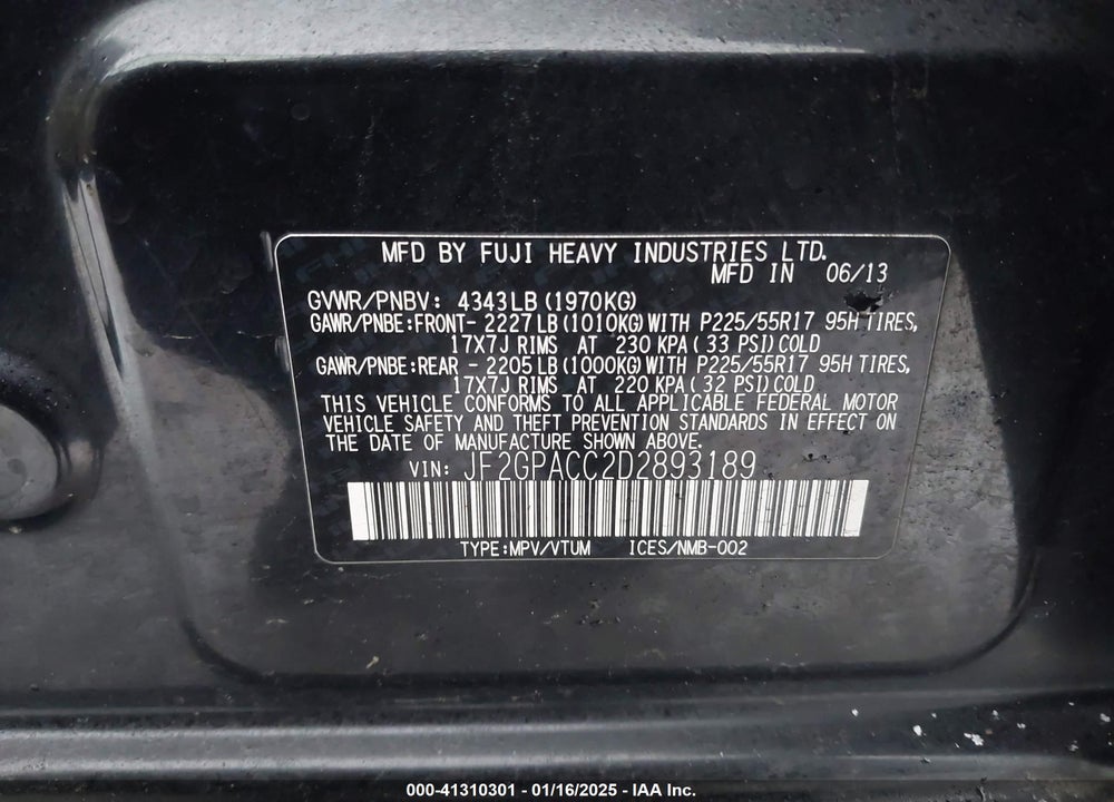 2013 SUBARU XV CROSSTREK VIN: JF2GPACC2D2893189
