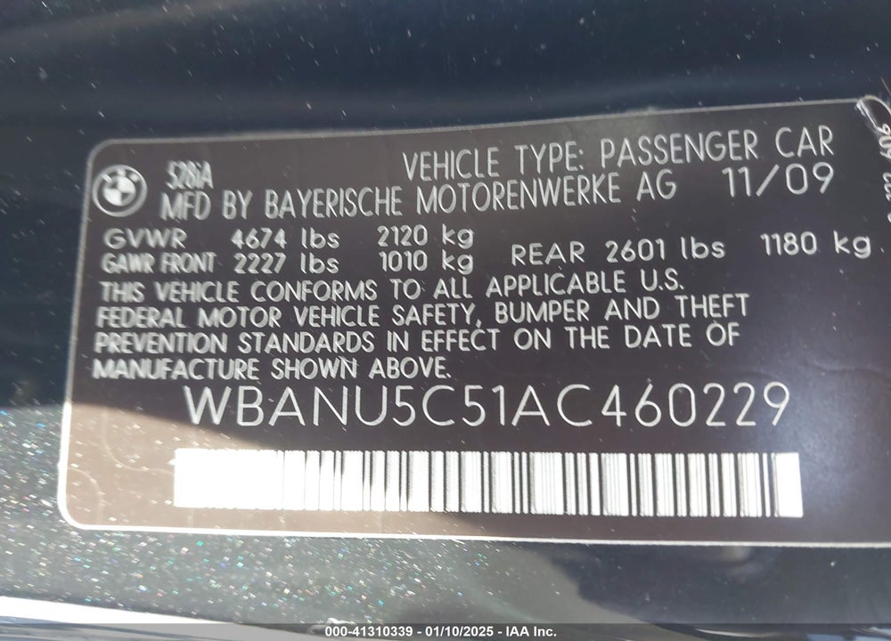 2010 BMW 5 SERIES VIN: WBANU5C51AC460229