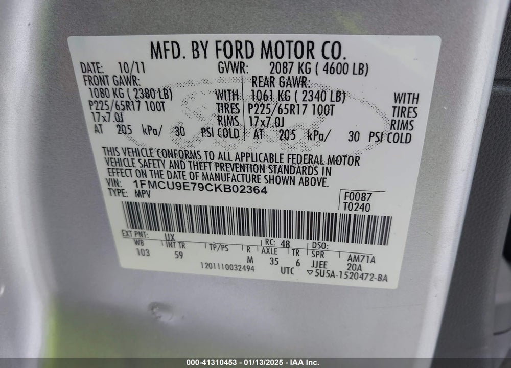2012 FORD ESCAPE VIN: 1FMCU9E79CKB02364