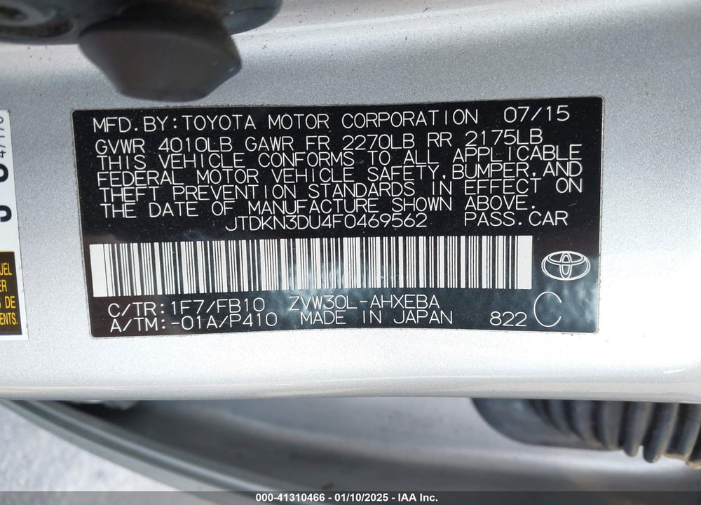 2015 TOYOTA PRIUS VIN: JTDKN3DU4F0469562