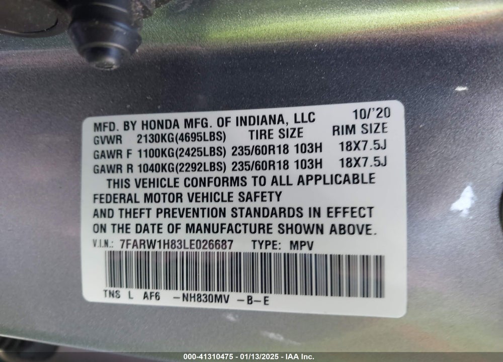 2020 HONDA CR-V VIN: 7FARW1H83LE026687