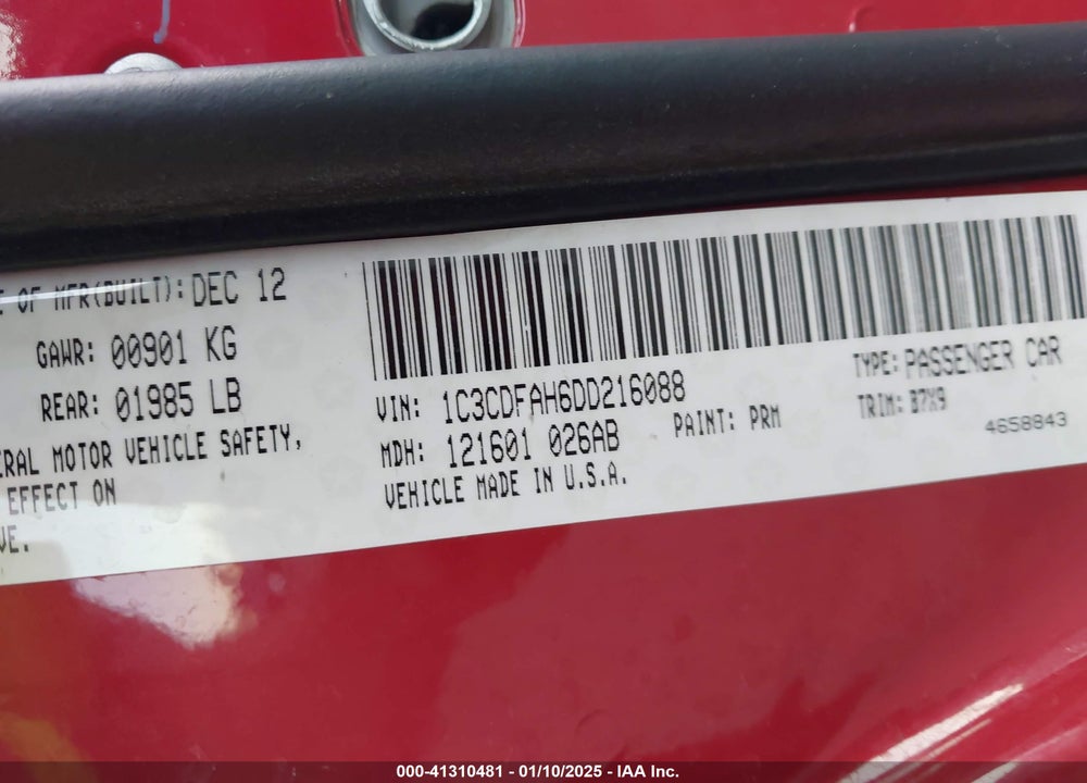 2013 DODGE DART VIN: 1C3CDFAH6DD216088